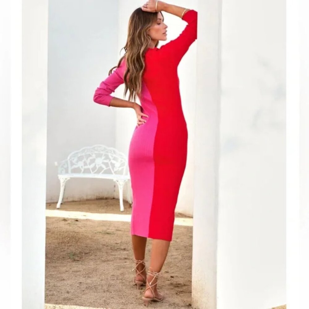 Sassy Pink Red Ribbed Colorblock Button Up Midi Dress - Picture 3 of 7